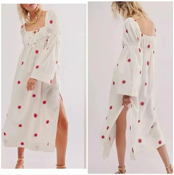 Free People Midi Dress Ivory Red Emory Embroider Cotton Preppy Boho Small - Picture 2 of 16